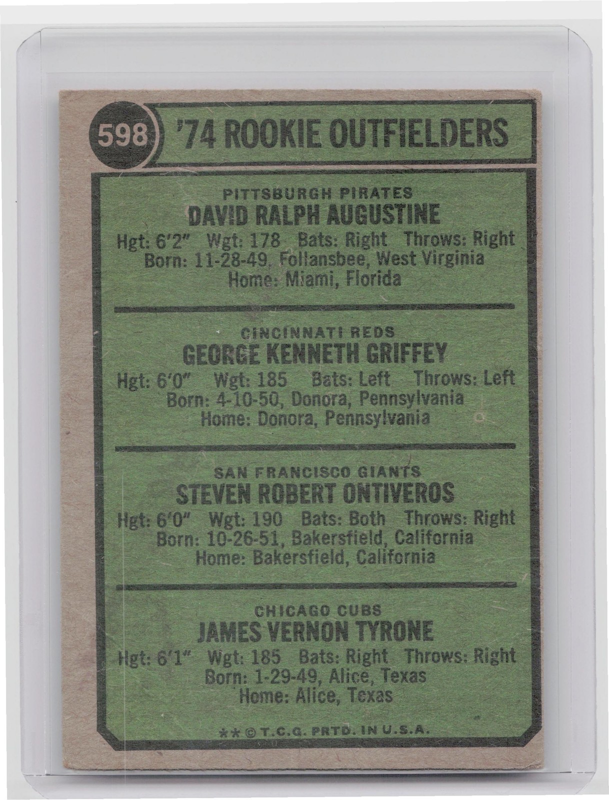 1974 Topps 1974 Rookie Outfielders Dave Augustine / Ken Griffey / Steve Ontiver - Image 3