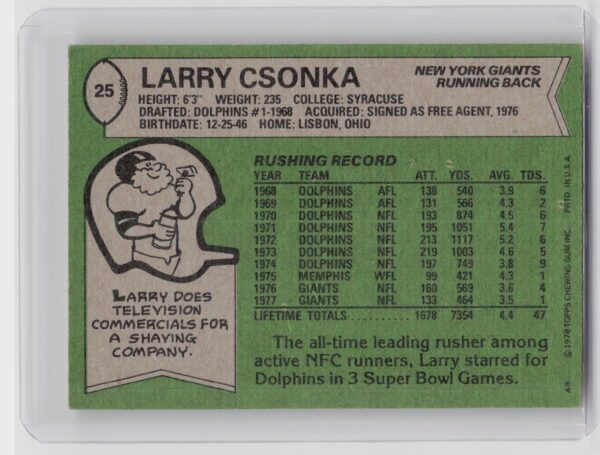 1978 Topps Larry Csonka #25 Giants - Image 3