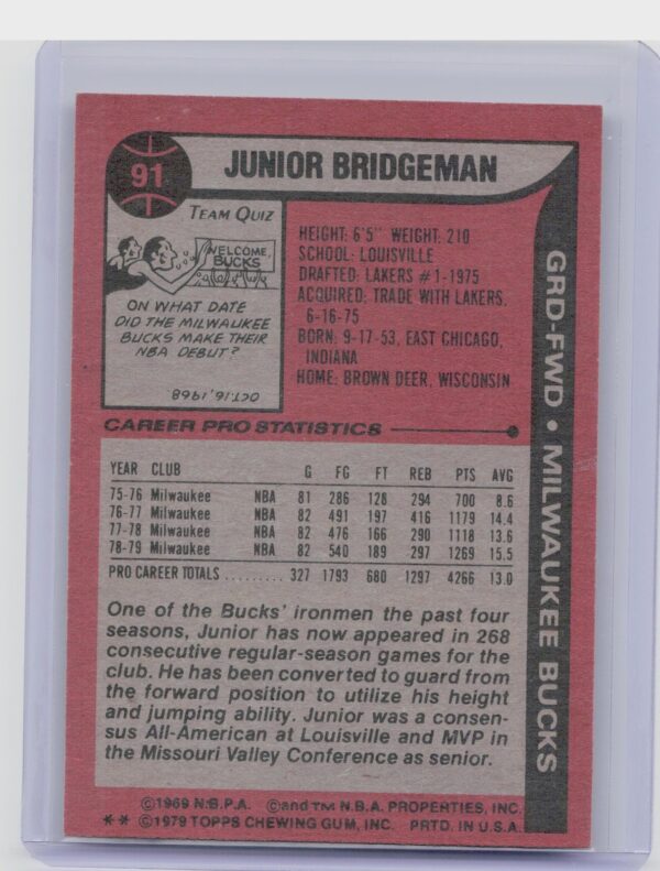 1979-80 Topps Junior Bridgeman #91 Bucks - Image 3
