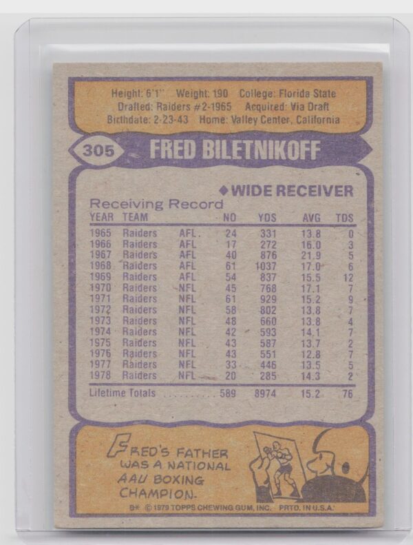 1979 Topps Fred Biletnikoff #305 Raiders - Image 3