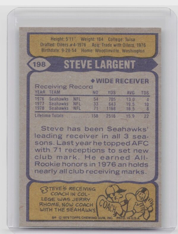 1979 Topps Steve Largent #198 Seahawks - Image 3