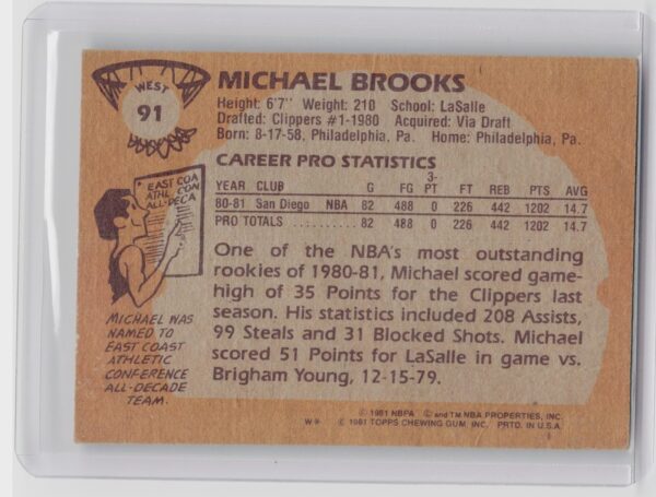 1981-82 Topps Michael Brooks RC #W91 Clippers - Image 3
