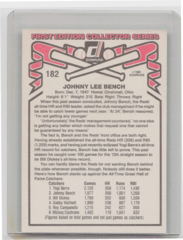 1981 Donruss Johnny Bench #182 Reds - Image 3
