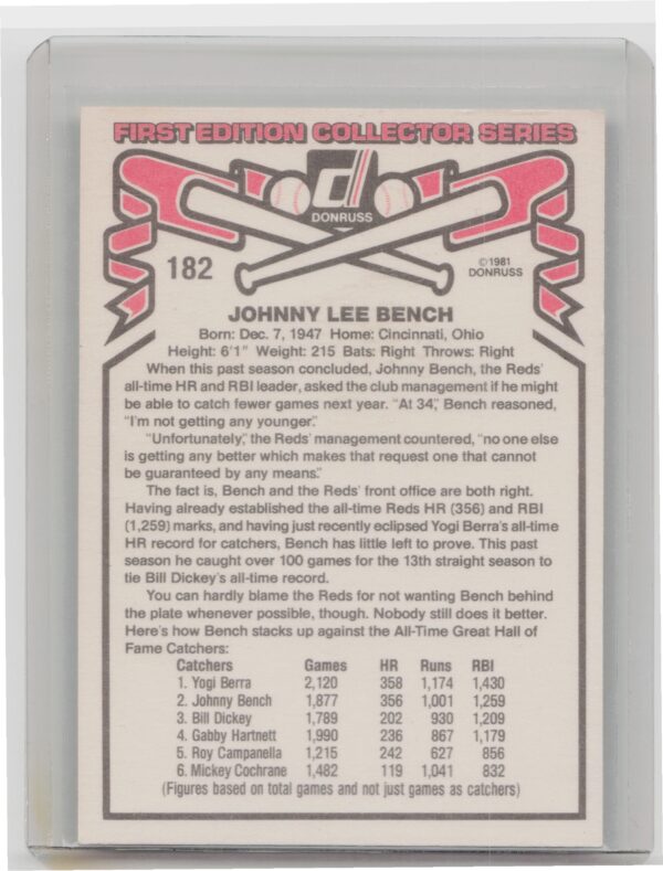 1981 Donruss Johnny Bench #182 Reds - Image 3