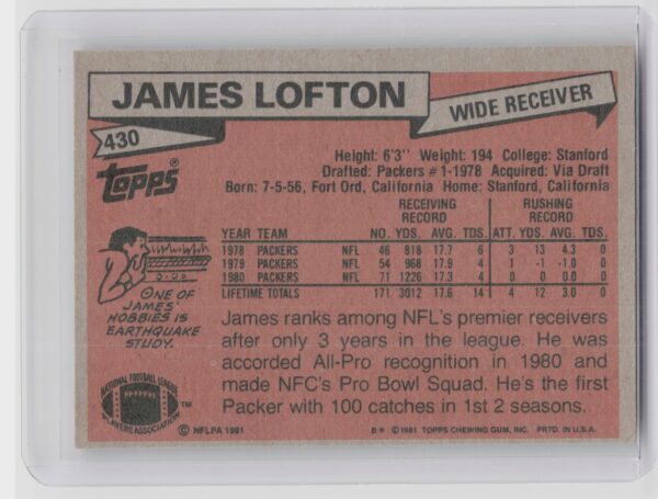 1981 Topps James Lofton #430 Packers - Image 3