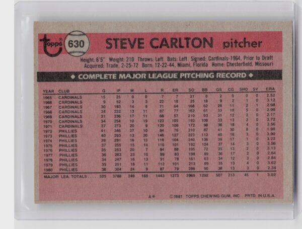 1981 Topps Steve Carlton #630 Phillies - Image 3