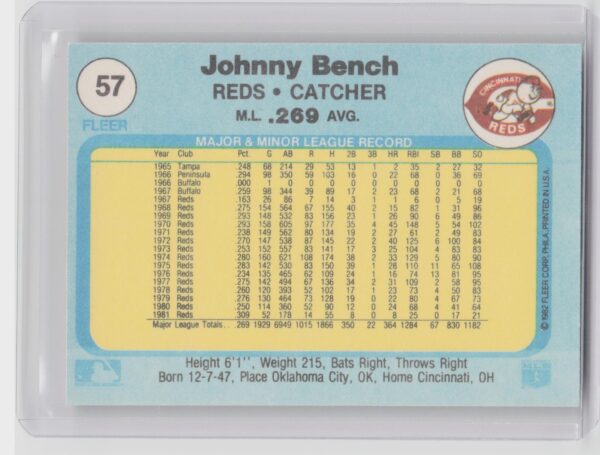 1982 Fleer Johnny Bench #57 Reds - Image 3