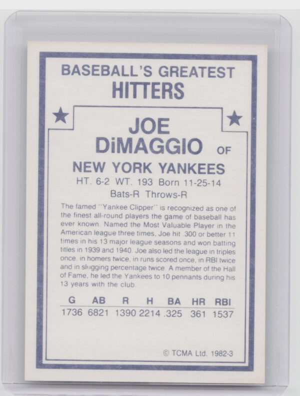 1982 TCMA Baseball's Greatest Hitters (White Back) Joe DiMaggio #3 Yankees - Image 3