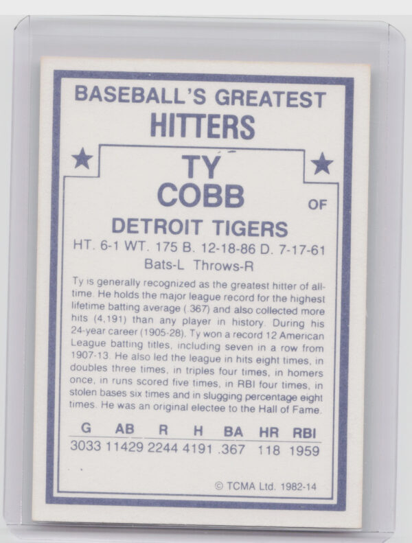 1982 TCMA Baseball's Greatest Hitters (White Back) Ty Cobb #14 Tigers - Image 3