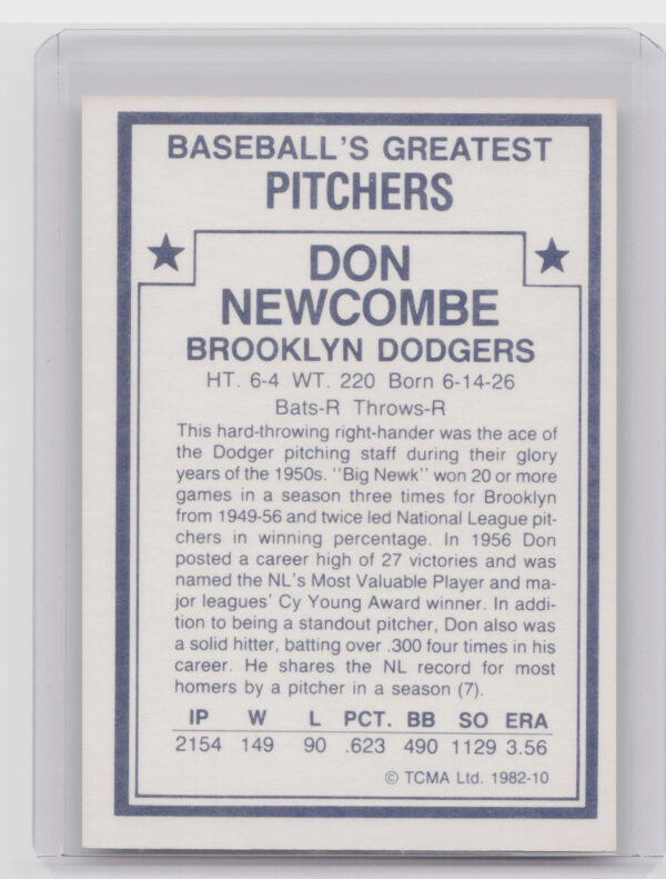 1982 TCMA Baseball's Greatest Pitchers (White Back) Don Newcombe #10 Dodgers - Image 3