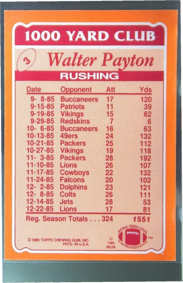 1986 Topps Walter Payton #3 Bears 1000 Yard Club - Image 3