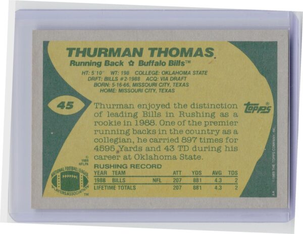 1989 Topps Thurman Thomas RC #45 Bills - Image 3