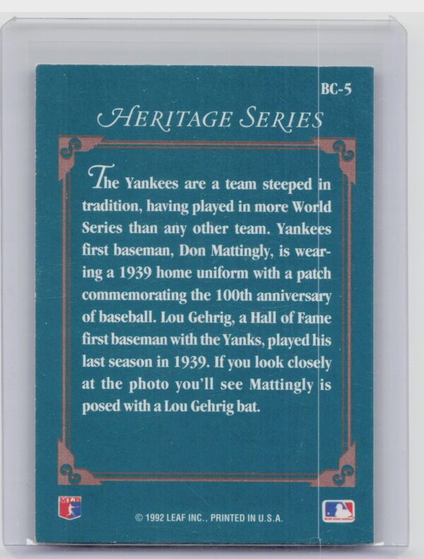 1992 Studio Don Mattingly #BC-5 Yankees Heritage - Image 3