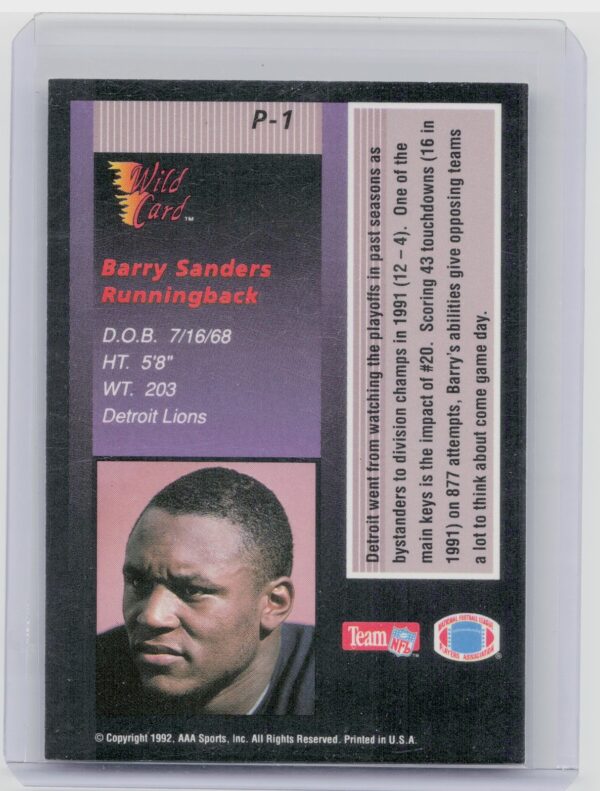 1992 Wild Card Barry Sanders EXCH #P-1 Lions - Image 3