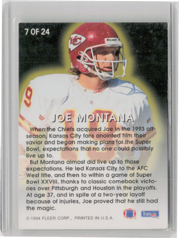 1994 Fleer Joe Montana #7 Chiefs Fleer All Pros - Image 3