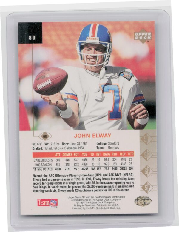 1994 SP John Elway #80 Broncos - Image 3