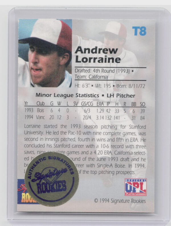1994 Signature Rookies Draft Picks Andrew Lorraine AU SN2100 #T8 Canadians Top P - Image 3