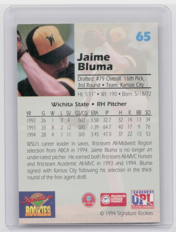 1994 Signature Rookies Draft Picks Jaime Bluma AU SN7750 #65 Royals Signatures - Image 3