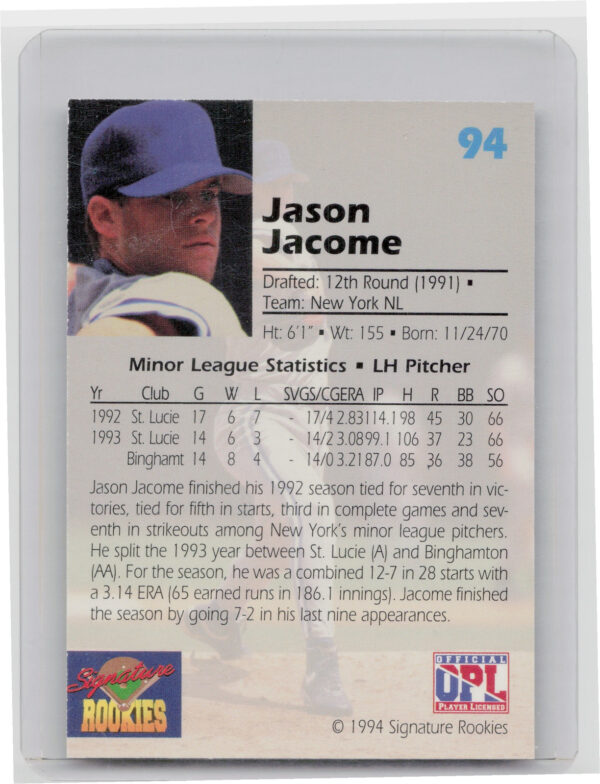 1994 Signature Rookies Draft Picks Jason Jacome AU SN7750 #94 Mets Signatures - Image 3