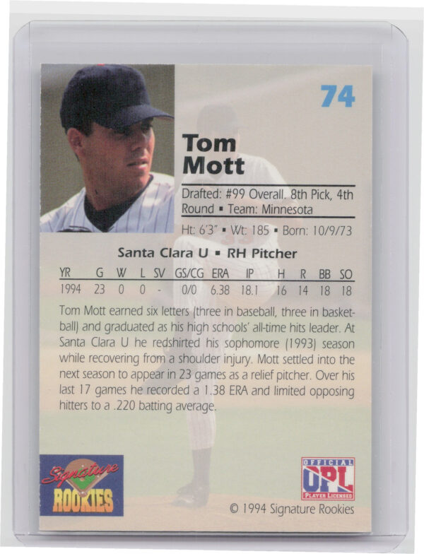 1994 Signature Rookies Draft Picks Tom Mott AU SN7750 #74 Twins Signatures - Image 3