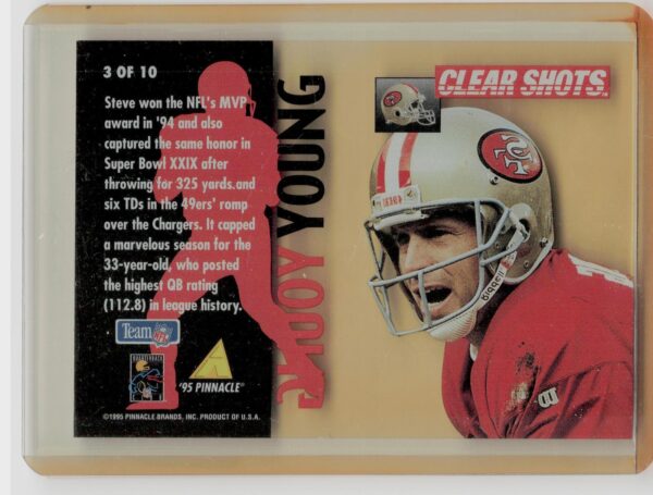 1995 Pinnacle Steve Young #3 49ers Clear Shots - Image 3