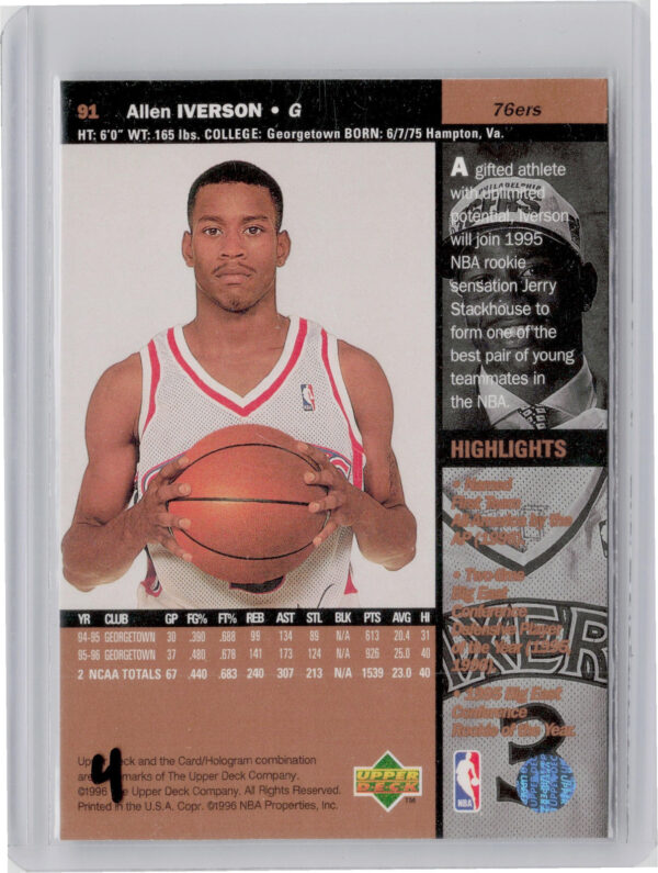1996-97 Upper Deck Allen Iverson RC #91 76ers - Image 3