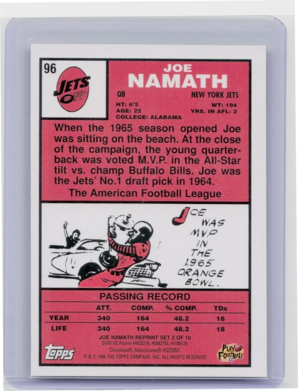 1996 Stadium Club Joe Namath #2 Jets Namath Finest - Image 3