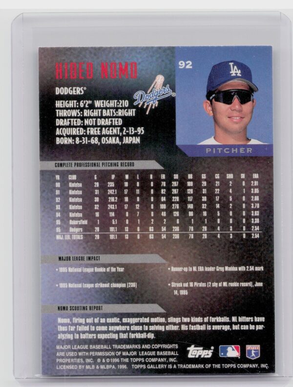 1996 Topps Gallery Hideo Nomo #92 Dodgers - Image 3