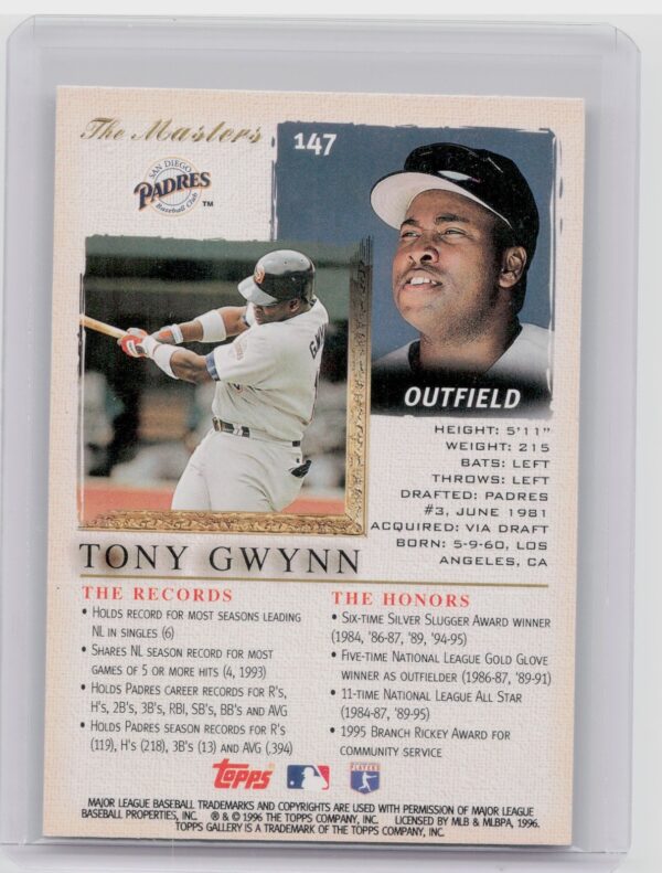 1996 Topps Gallery Tony Gwynn #147 Padres - Image 3