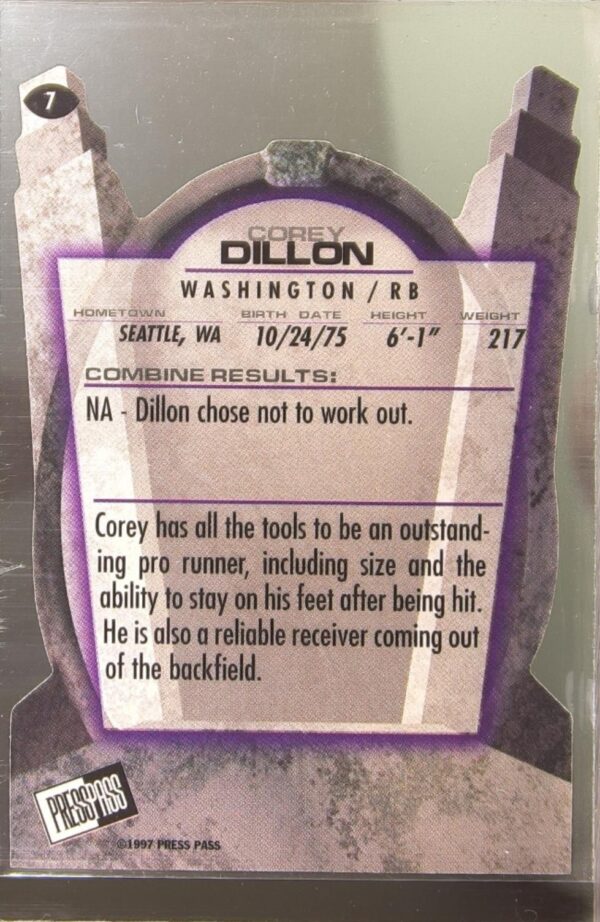 1997 Press Pass Corey Dillon RC #7 Huskies Combine Die-Cut - Image 3