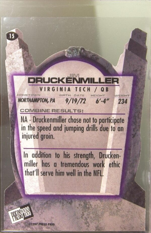 1997 Press Pass Jim Druckenmiller RC #15 Hokies Combine Die-Cut - Image 3