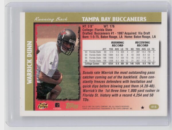 1997 Topps Warrick Dunn SP RC #415 Buccaneers - Image 3
