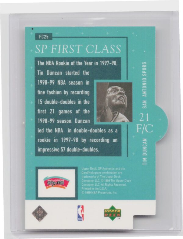 1998-99 SP Authentic Tim Duncan #FC25 Spurs First Class - Image 3