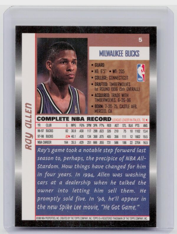 1998-99 Topps  Ray Allen #5 Bucks - Image 3