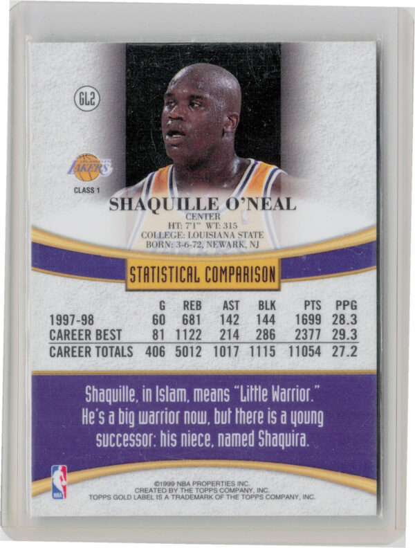 1998-99 Topps Shaquille O'Neal #GL2 Lakers Topps Gold Label - Image 3