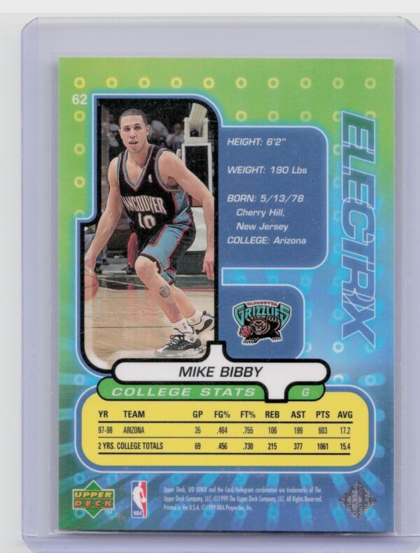 1998-99 Upper Deck Ionix Mike Bibby RC #62 Grizzlies - Image 3