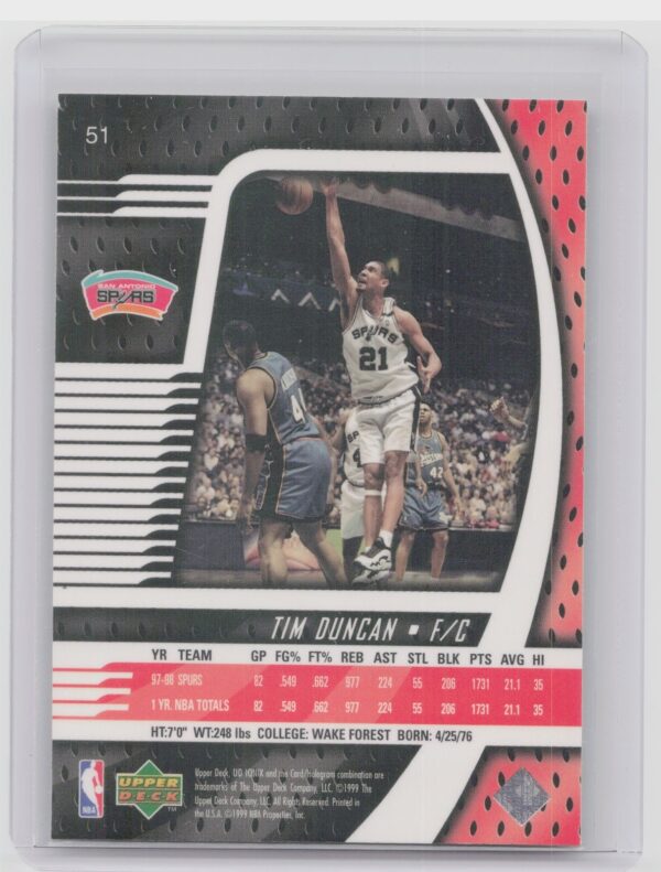 1998-99 Upper Deck Ionix Tim Duncan #51 Spurs - Image 3