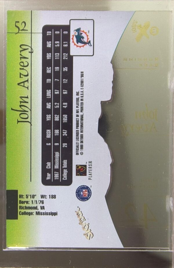 1998 SkyBox E-X2001 John Avery RC #52 Dolphins - Image 3