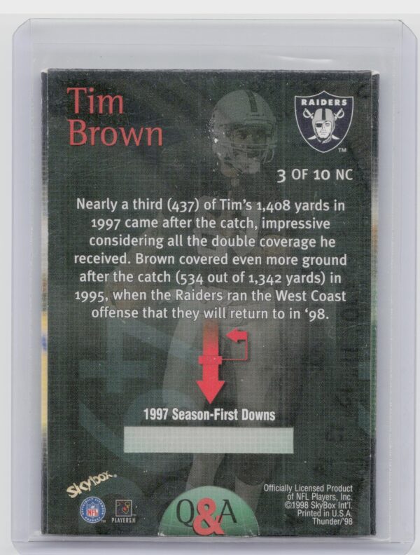 1998 SkyBox Thunder Tim Brown #3NC Raiders Number Crushers - Image 3