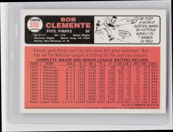 1998 Topps Bob Clemente #12 Pirates Roberto Clemente Commemorative Reprints - Image 3