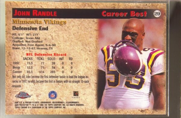 1998 Topps Chrome John Randle #29 Vikings Season's Best - Image 3