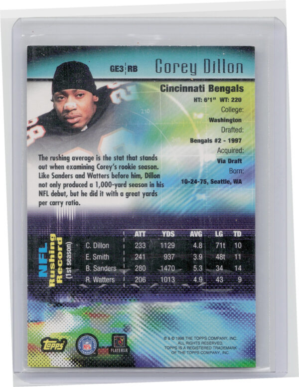 1998 Topps Corey Dillon #GE3 Bengals Generation 2000 - Image 3
