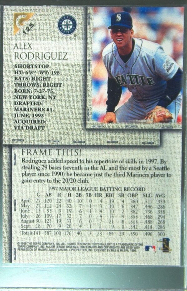 1998 Topps Gallery Alex Rodriguez #125 Mariners - Image 3