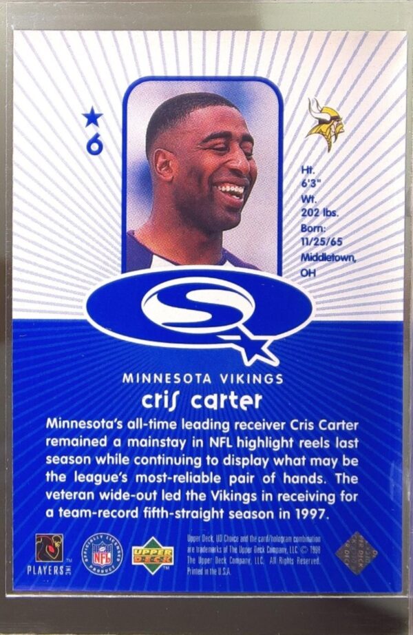 1998 Upper Deck UD Choice Cris Carter #6 Vikings StarQuest Blue - Image 3