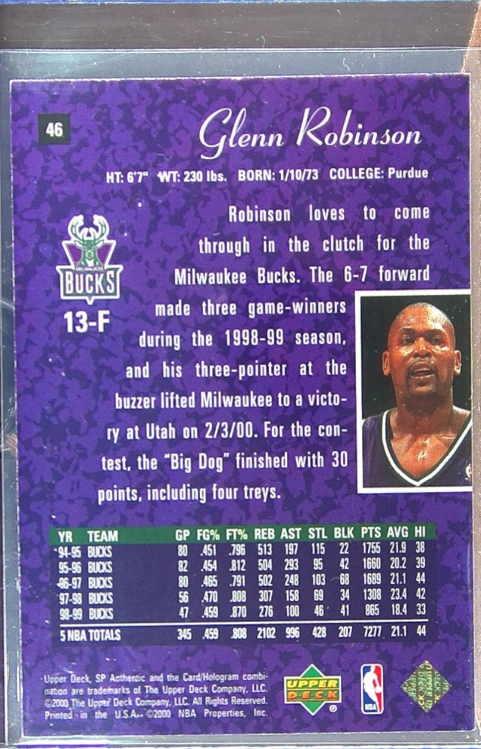 1999-00 SP Authentic Glenn Robinson #46 Bucks - Image 3
