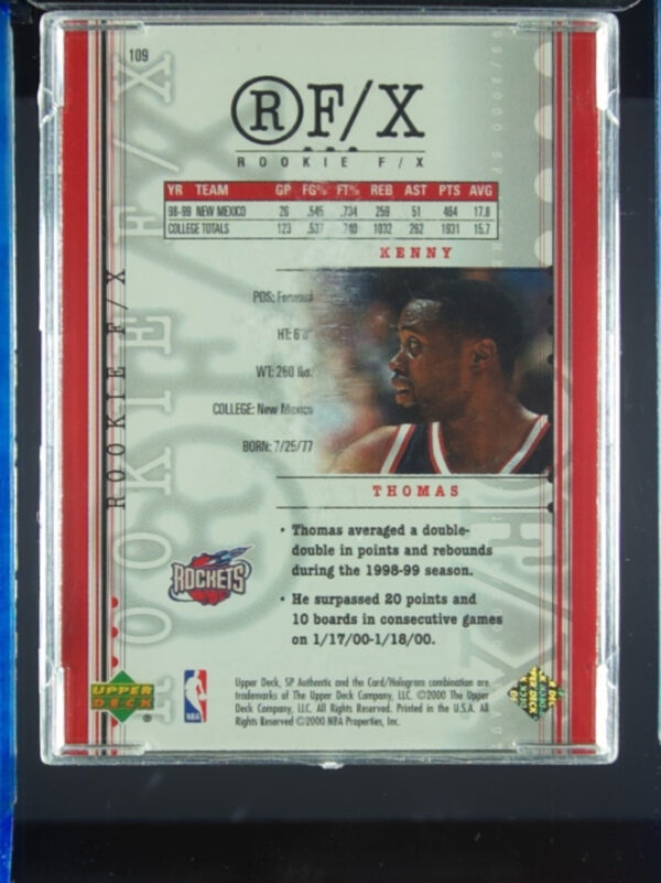 1999-00 SP Authentic Kenny Thomas SN1500 RC #109 Rockets - Image 3