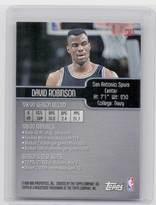 1999-00 Topps David Robinson #SB1 Spurs Season's Best - Image 3