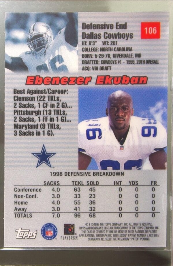 1999 Bowman's Best Ebenezer Ekuban RC #106 Cowboys - Image 3