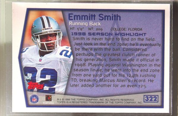 1999 Topps Emmitt Smith #322 Cowboys - Image 3
