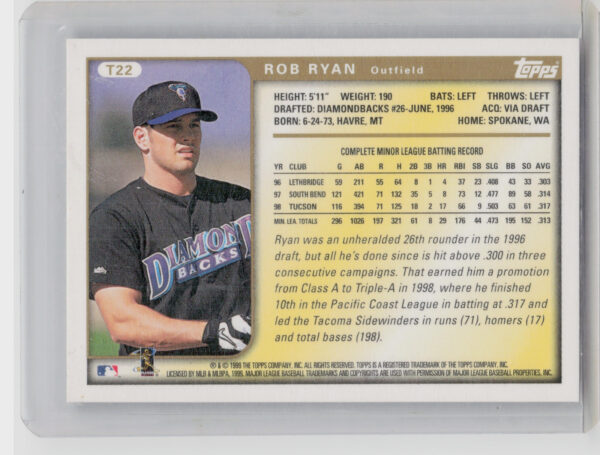 1999 Topps Traded & Rookies Rob Ryan AU #T22 Diamondbacks Autographs - Image 3